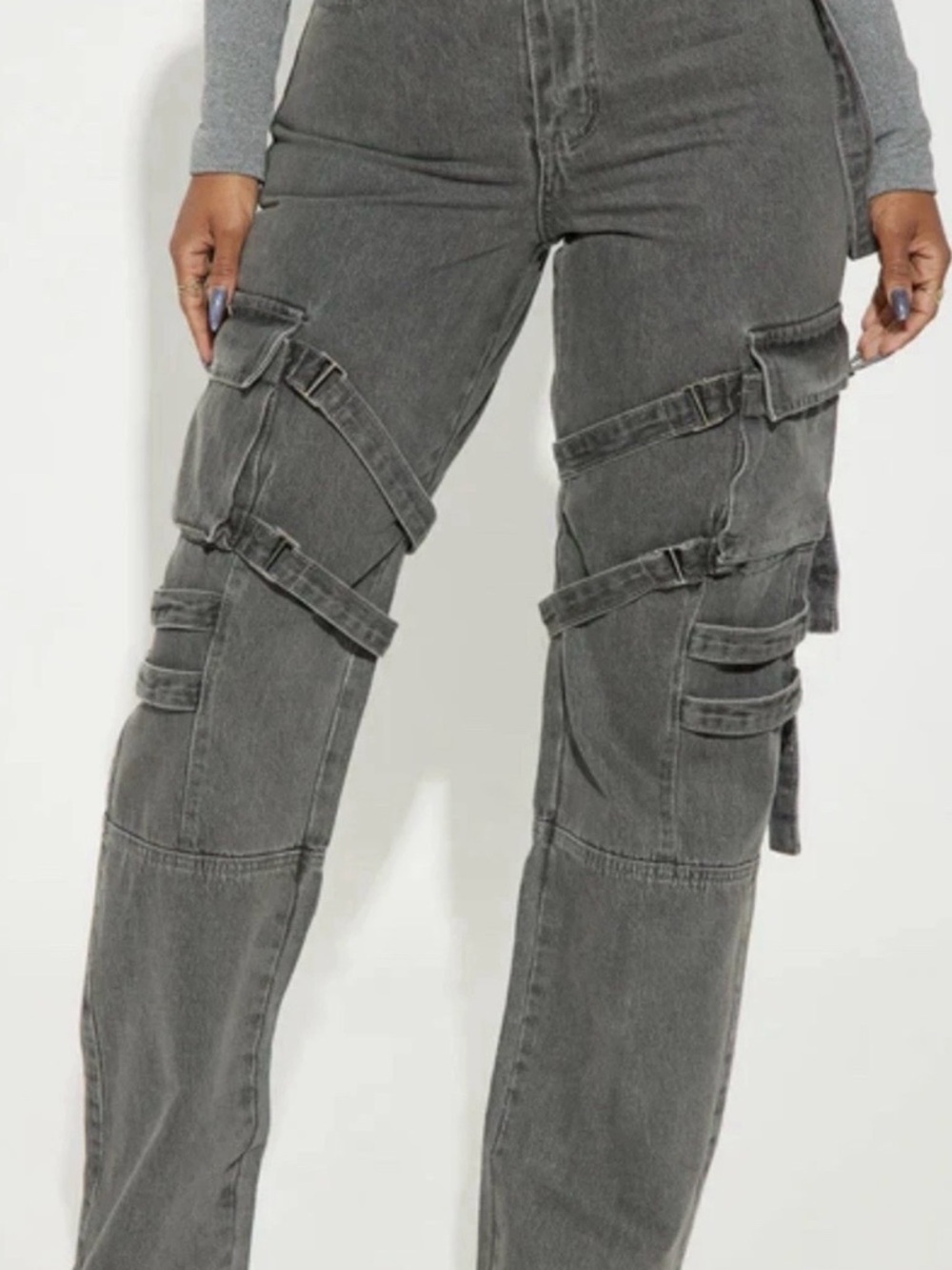 Fashion Nova Cargo Jeans Women Size 9 Gray Straight Leg Strappy NWT Streetwear